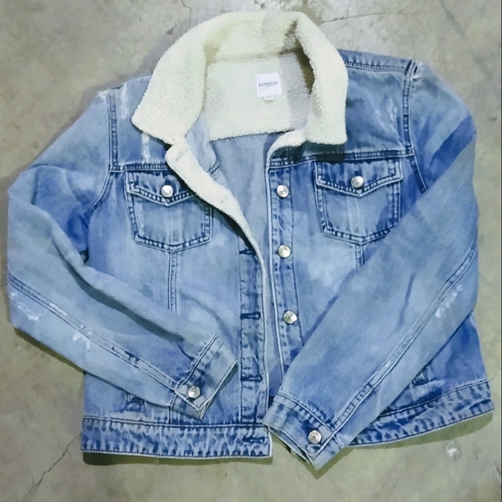 Kensie Distressed Denim Jacket with Sherpling Collar Button Up